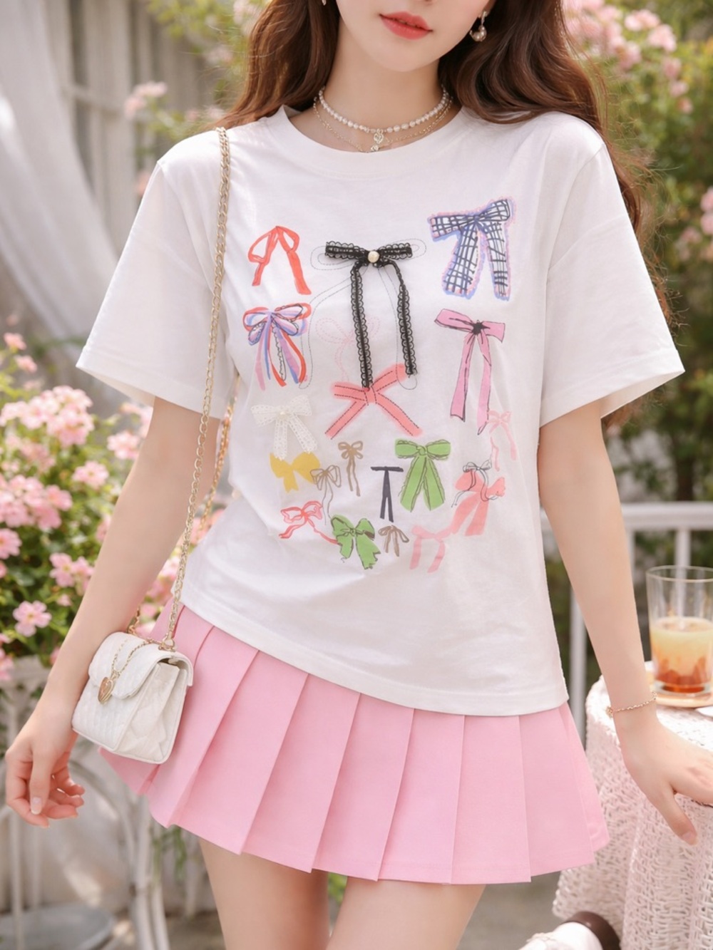 Elfric Eden Coquette Bow cotton Graphic Tee with 3D Lace & Pearl M Girlhoodcore